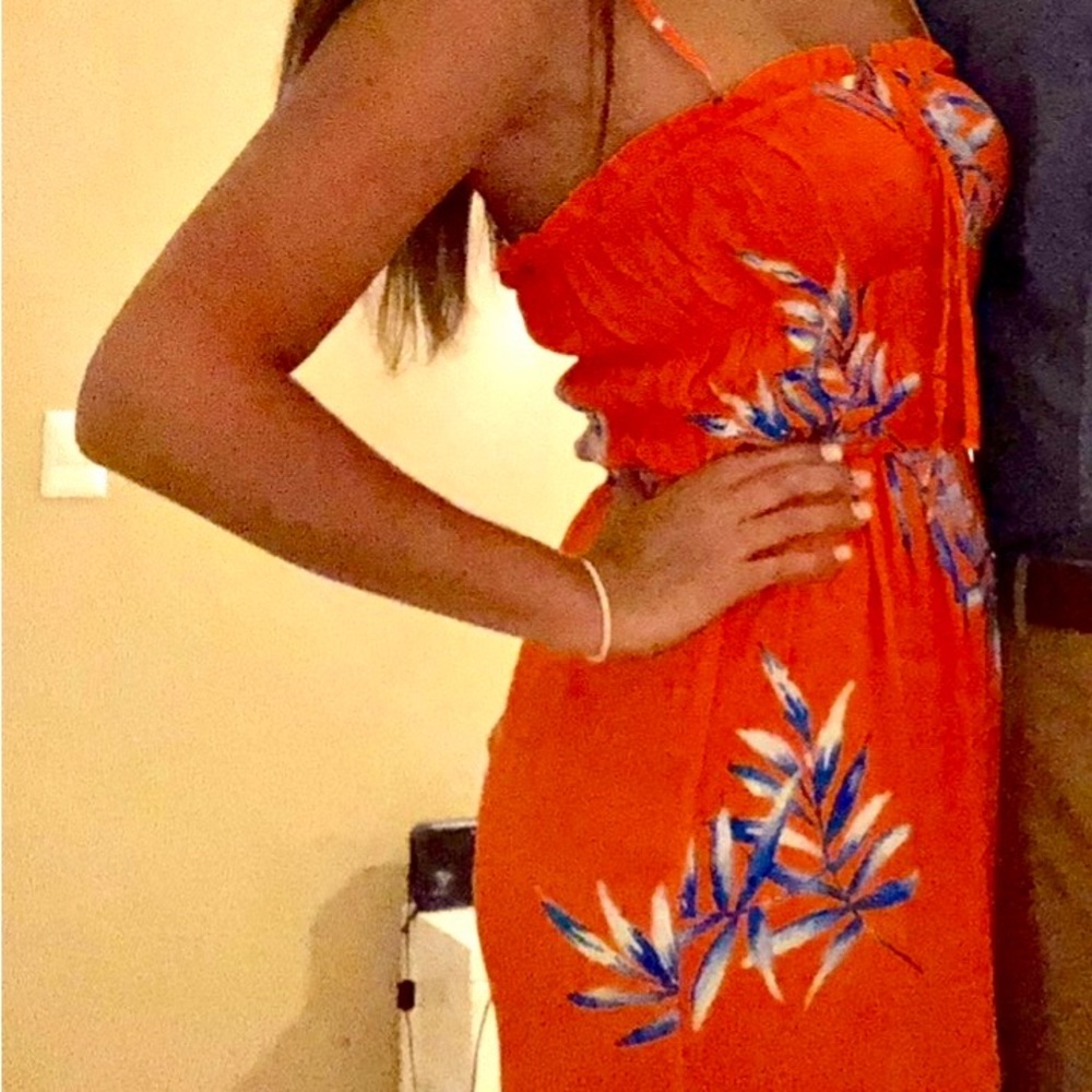 Forever 21 Jumpsuit - Bright Orange Tropical Tie Strap Wide Leg